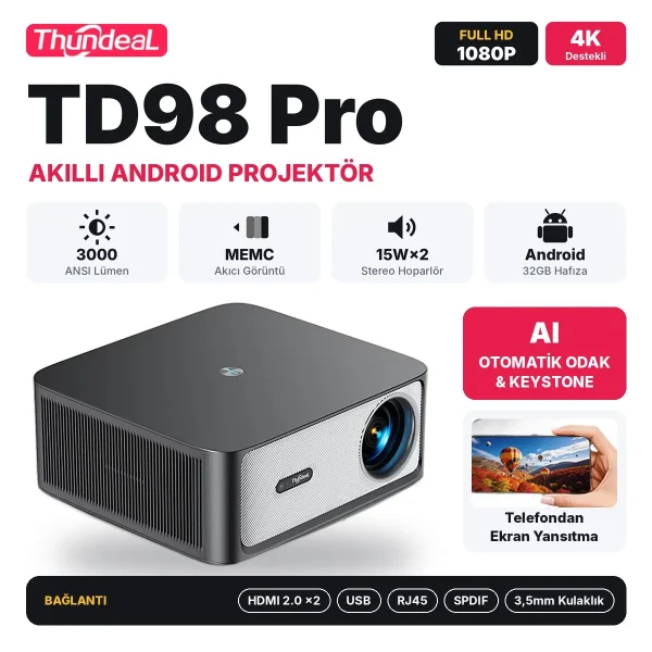 Thundeal Td98 Pro Android Projektör 1080p 3000 Ansı Lümen 4k Destekli Otomatik Odak